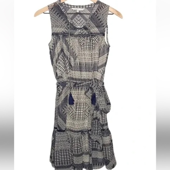 Rebecca Minkoff Nicky dress ruffle bottom sleeveless tassels blue tan print XS - Picture 6 of 13